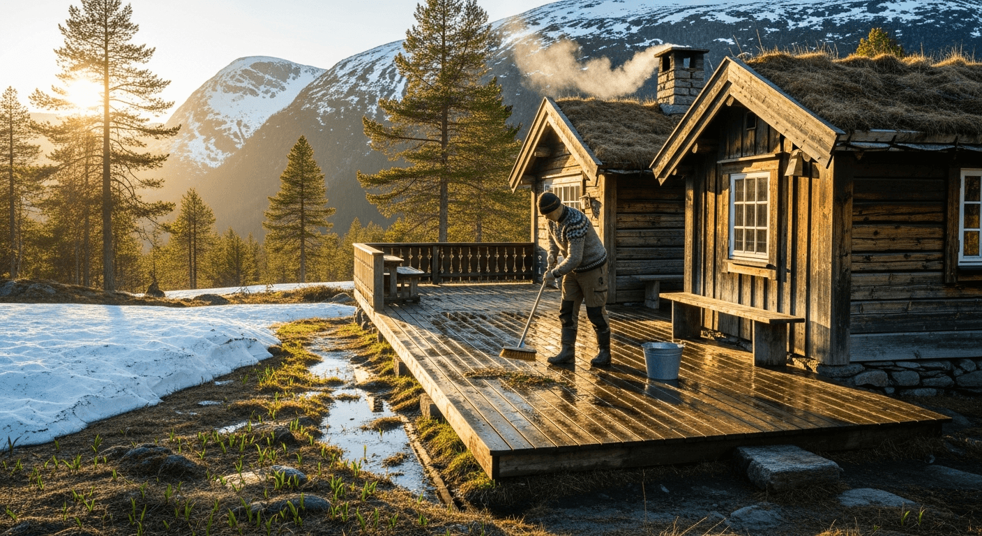 Vårrengjøring av hytte på Norefjell